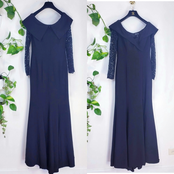 New XSCAPE  Formal Dress Black Small High Slit Long Lace Sequin Sleeves V-Neck - Picture 3 of 12